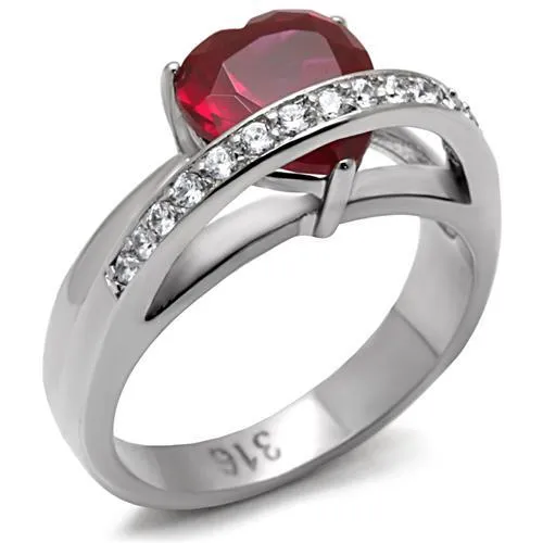 TK089 - High polished (no plating) Stainless Steel Ring with AAA Grade CZ in Ruby - Grocery