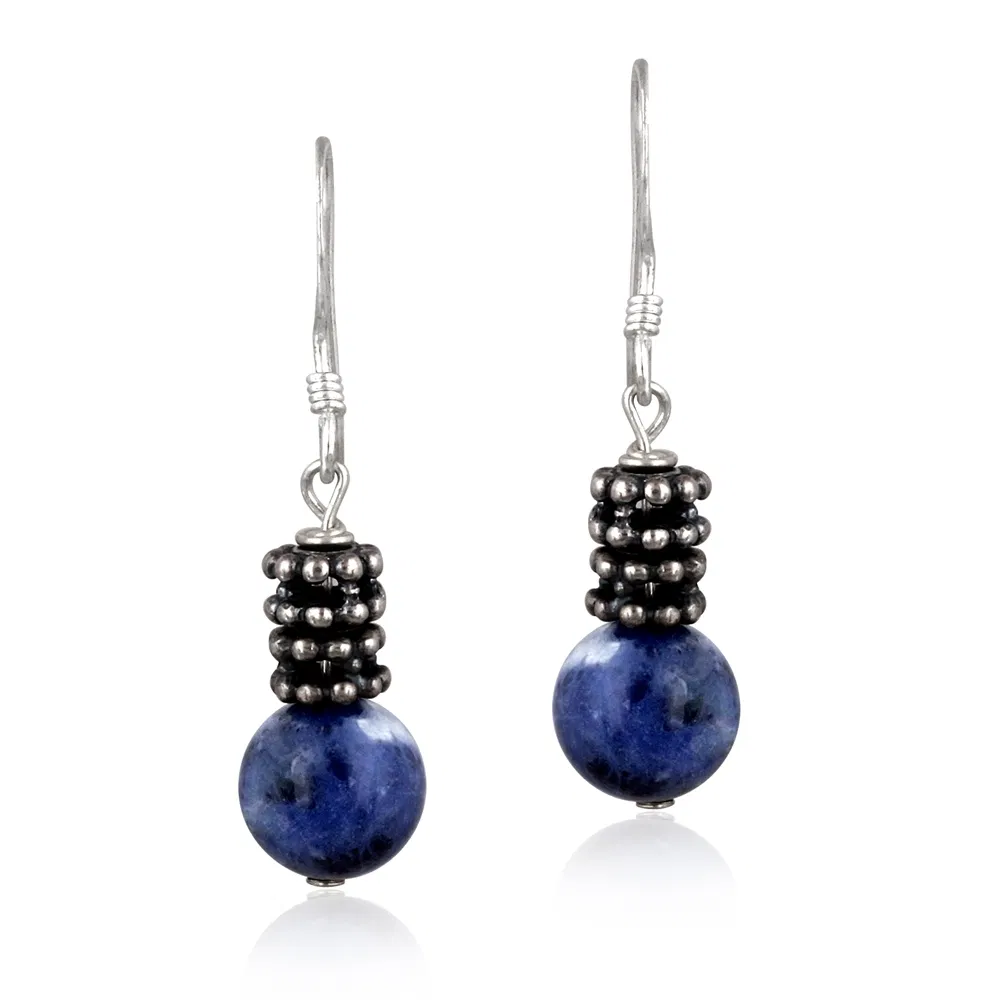 Sterling Silver 8mm Sodalite Bali Bead Dangle Earrings - Grocery