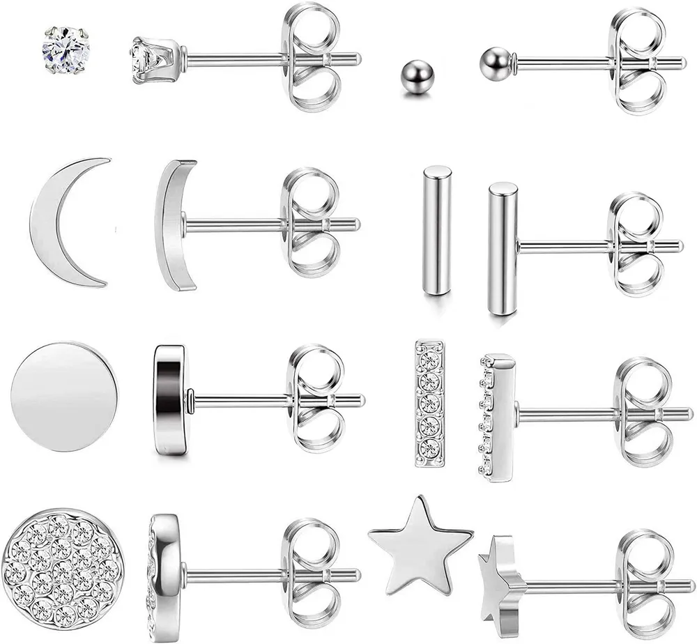 8 Pairs Stainless Earrings Stud Set Star Moon Bar Cute 2mm CZ Ball Tiny Mini Small Studs 20G Minimalist Stud Earring for Women - Grocery