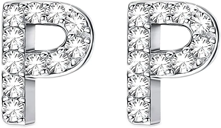 925 Sterling Silver Initial Stud Earrings Minimalist 26 Alphabets Letter Earrings Made with Austria Crystals - Grocery
