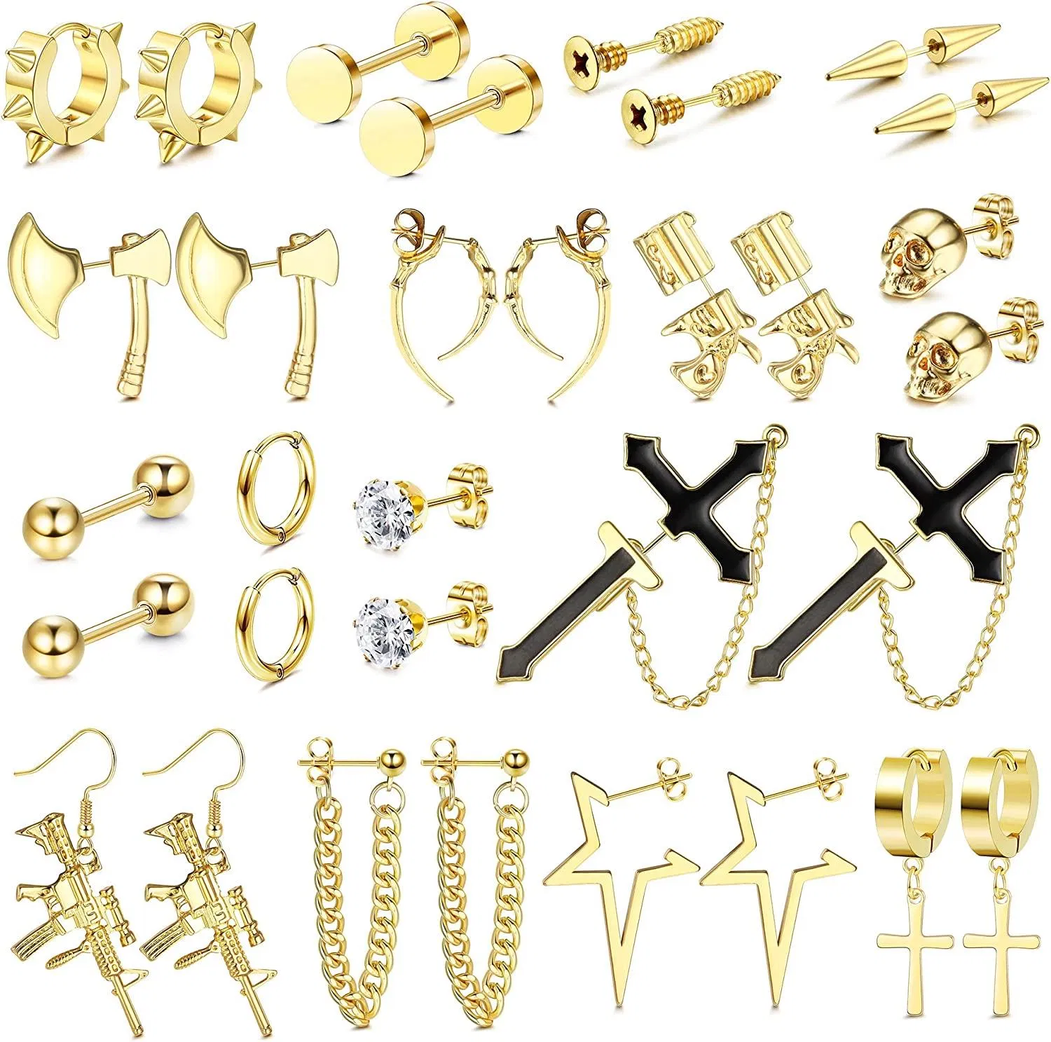 16 Pairs Stainless Black Punk Earrings for Men Cool Cross Axe Skull Screw Cone Earring Hoop Stud Gothic Punk Earrings Set; 3 Colors - Grocery