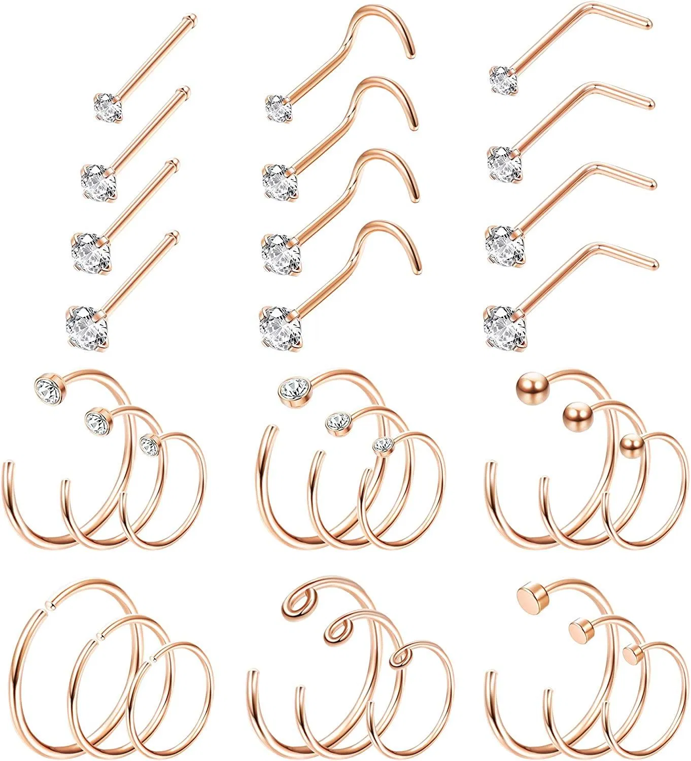 20G Stainless Steel Hoop Nose Rings Stud Rings CZ Inlaid Piercing Jewelry 30PCS - Grocery