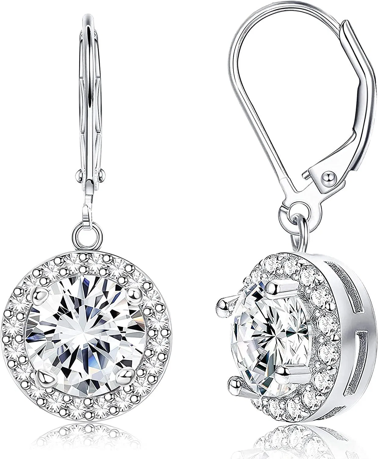 925 Sterling Silver Halo Leverback Dangle Earrings Embellished with 5A Cubic Zirconia Anniversary Wedding Dangle Drop Earrings - Grocery