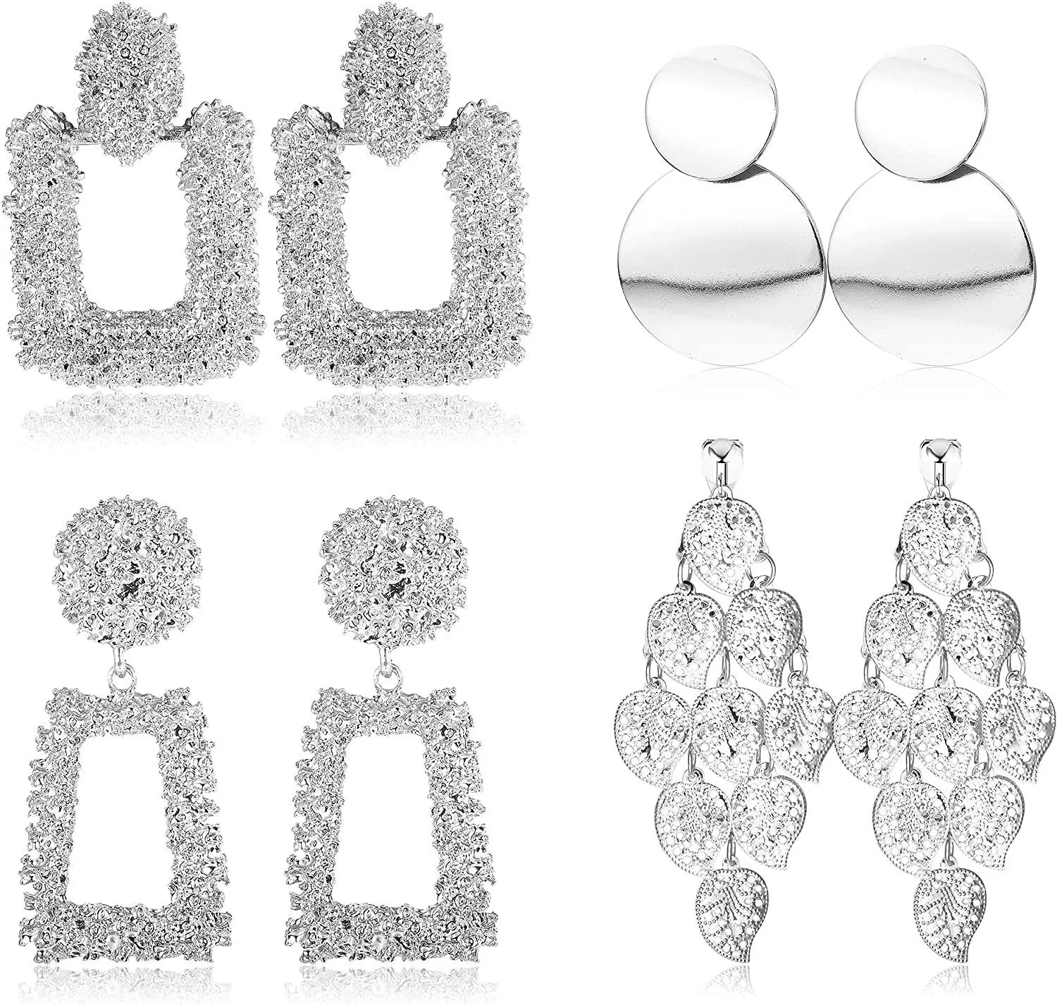 Clip On Drop Earrings Set Leaf Round Trapezoid Square Rectangle Geometric Clipon Earrings-Non Piercing Dangle Earrings - Grocery