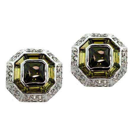 Sterling Silver Olive Green & White CZ Octagon Earrings - Grocery