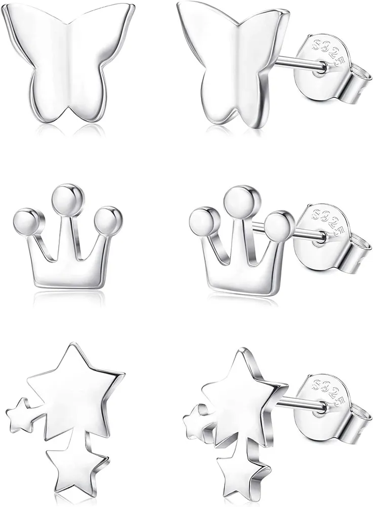 3 Pairs Cute Sterling Silver Stud Earrings For Women Men Hypoallergenic 14K Gold Plated Butterfly Star Cross Heart Leaf Elephant Stud Earrings Set - Grocery