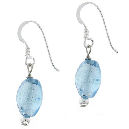Sterling Silver Light Blue Foil Glass Bead Oval Dangle Earrings - Grocery