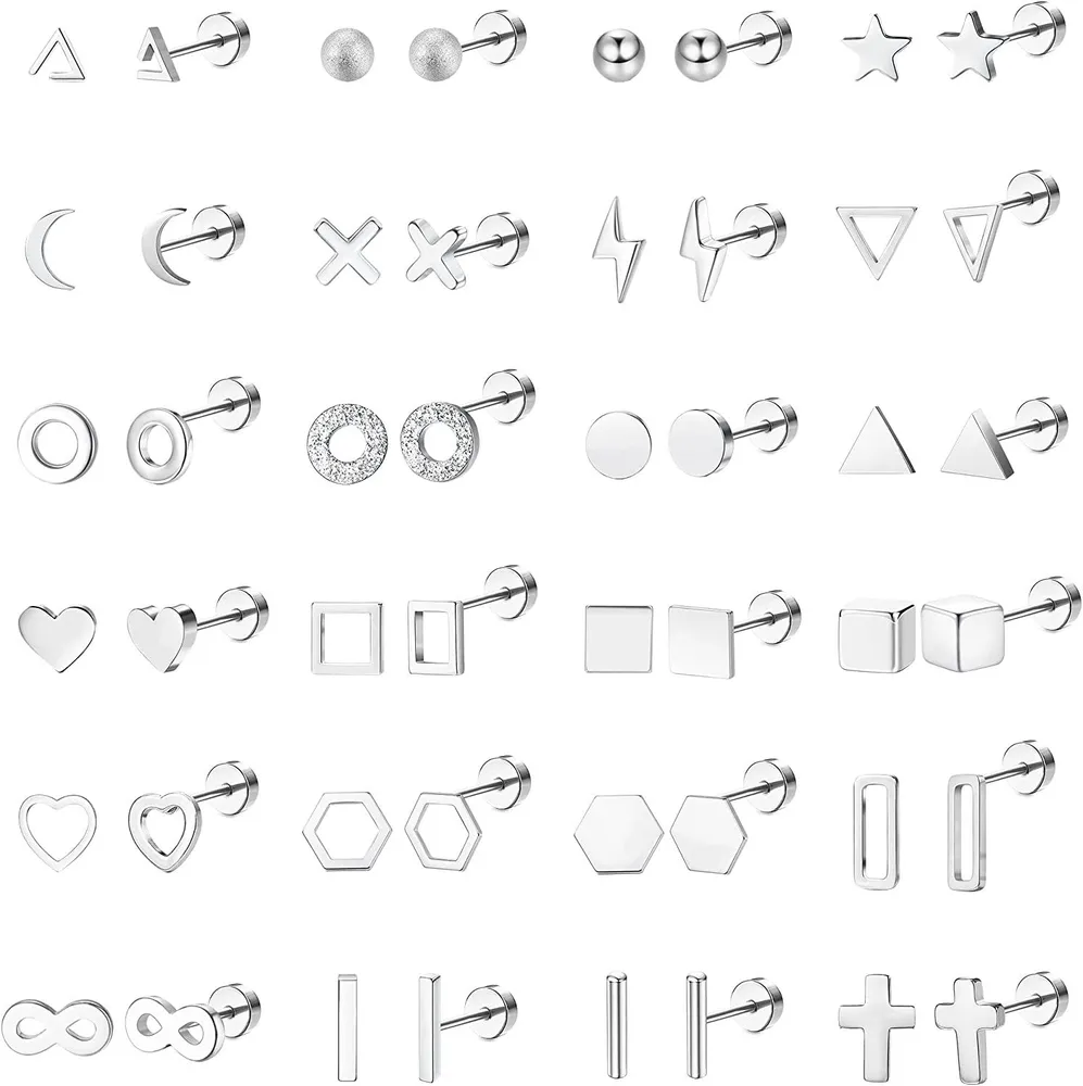 24Pairs 20G Hypoallergenic Stud Earring For Women Men Cubic Zirconia 316L Stainless Steel Earring Studs Cartilage Earring Stud Set - Grocery