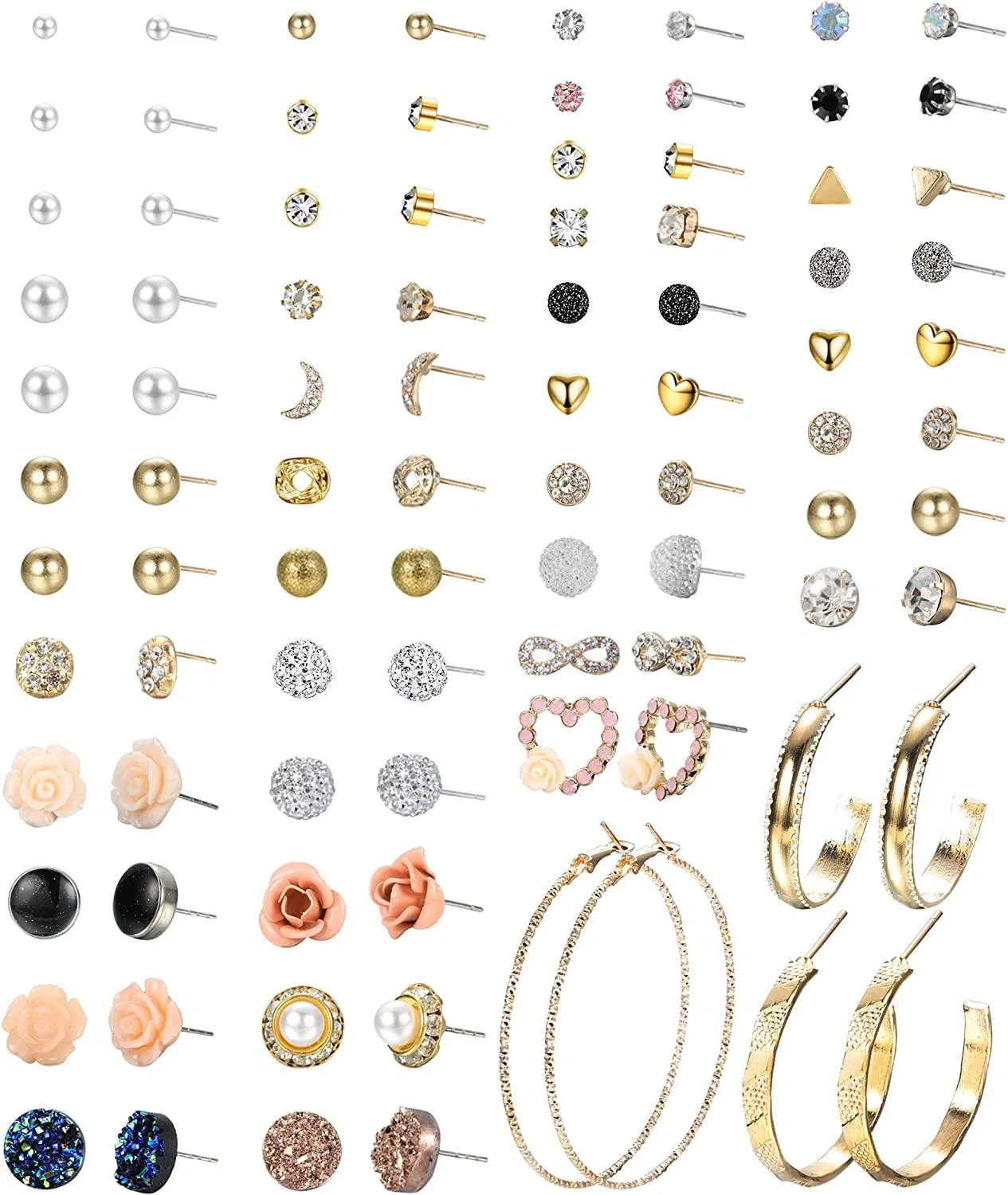 45Pairs Assorted Multiple Faux Pearl Flower Stud Earrings Set for Women Simple Big Circle Hoop Earring Set Women Gifts - Grocery