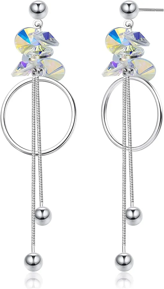 18K White Gold Hoop Earrings Austria Crystal Dangle Earrings for Women Circle Pendant Drop Earrings with Tiny Ball for Birthday Anniversary - Grocery