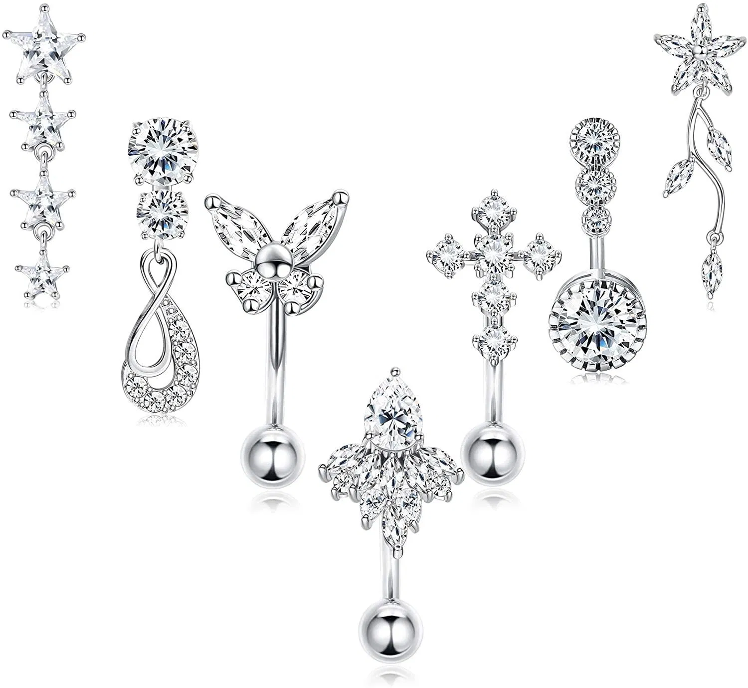 7Pcs 14G 316L Stainless Steel Belly Button Rings for Women Dangle Clear CZ Curved Navel Barbell Body Piercing Jewelry - Grocery