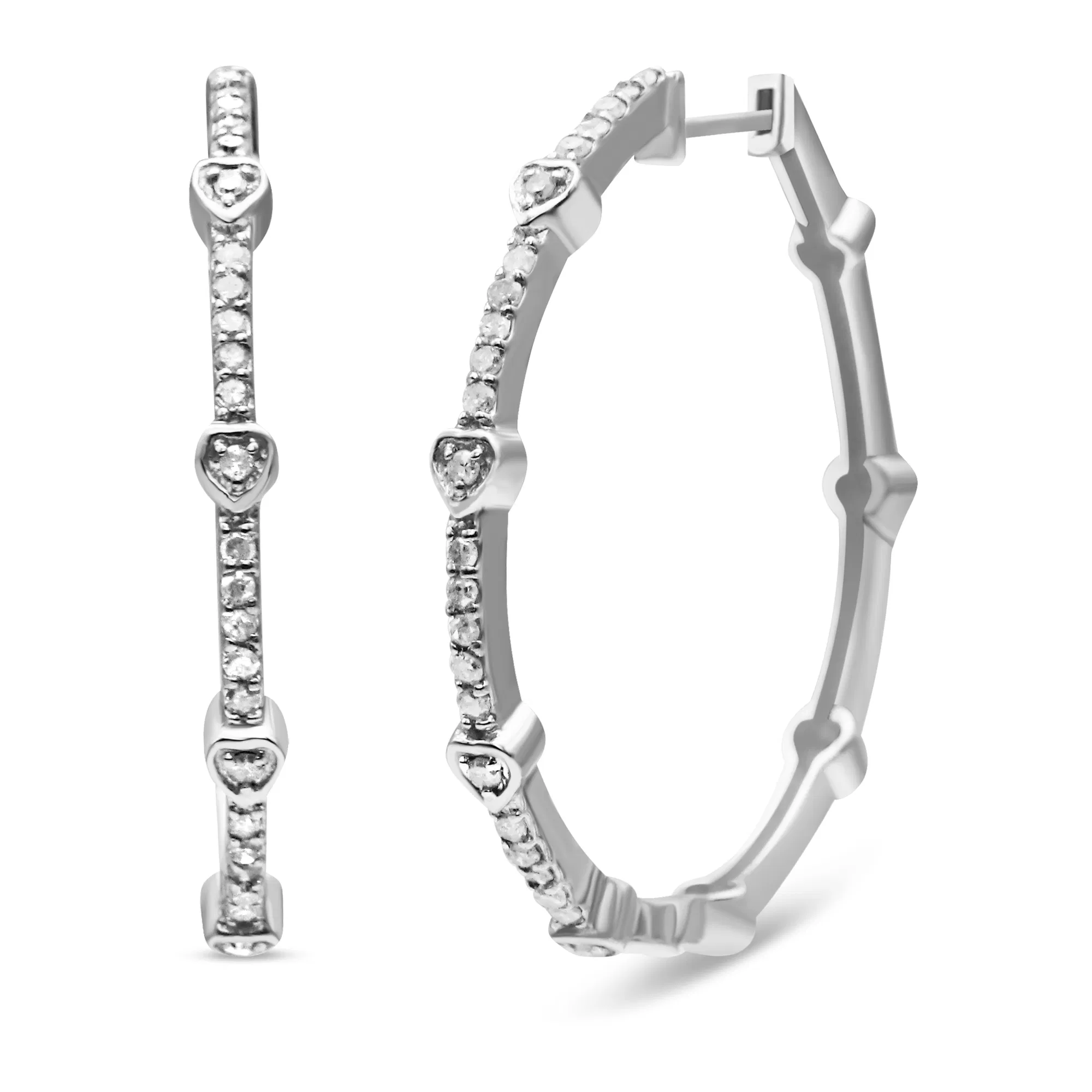.925 Sterling Silver 1/4 Cttw Diamond Heart and Bar Hoop Earring (I-J Color, I2-I3 Clarity) - Grocery