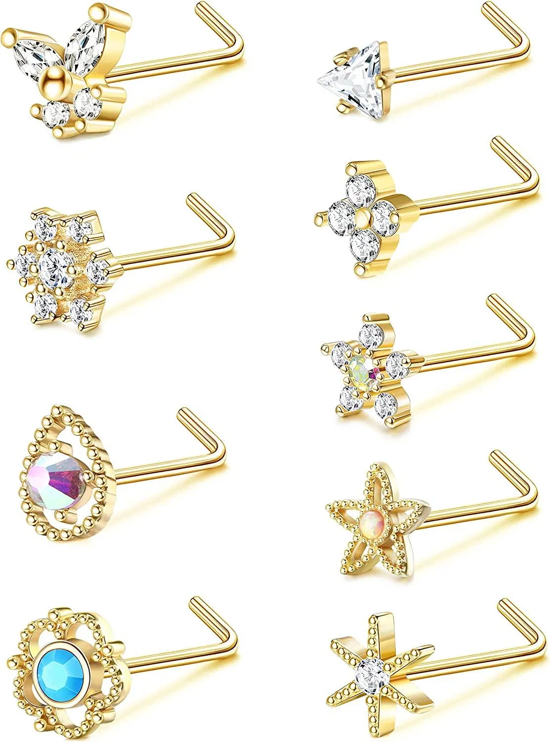 9Pcs 20G Stainless Nose Rings Studs CZ Snowflake Flower L-Shaped Nose Stud L Nose Rings For Women - Grocery