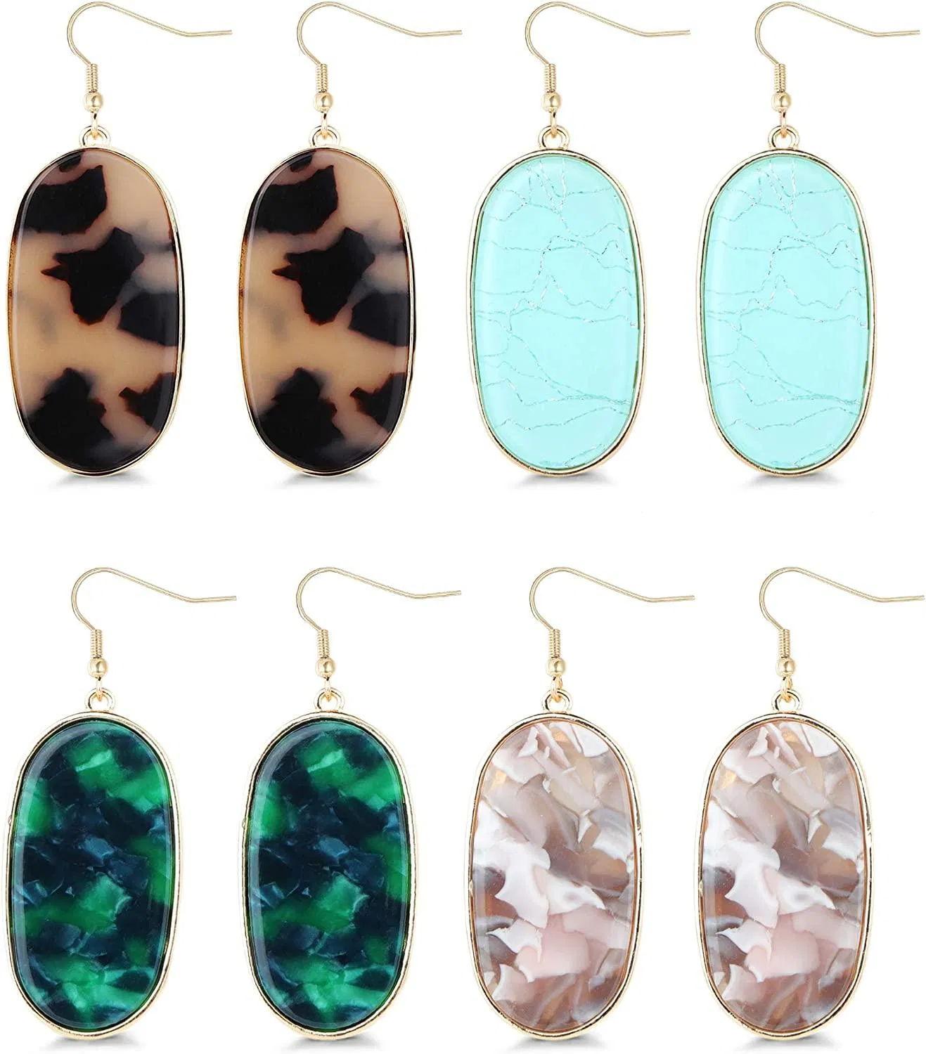 4Pairs Oval Acrylic Dangle Earrings For Women Lightweight Leopard Blue Green Shell Beige Mottled Resin Statement Oval Drop Earrings Set - Grocery