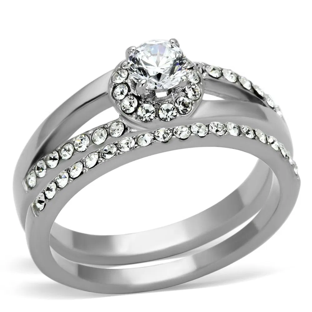 TK971 - High polished (no plating) Stainless Steel Ring with AAA Grade CZ in Clear - Grocery