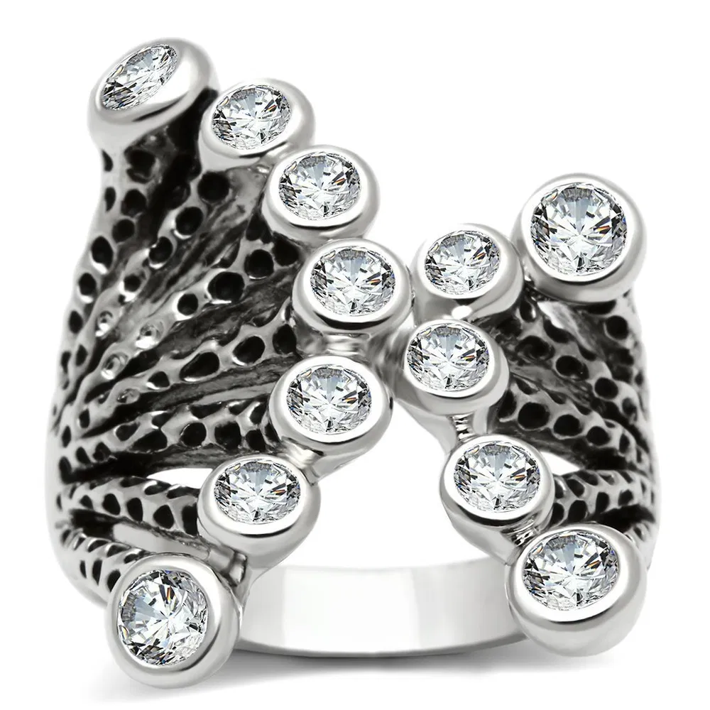 3W218 - Rhodium Brass Ring with AAA Grade CZ in Clear - Grocery