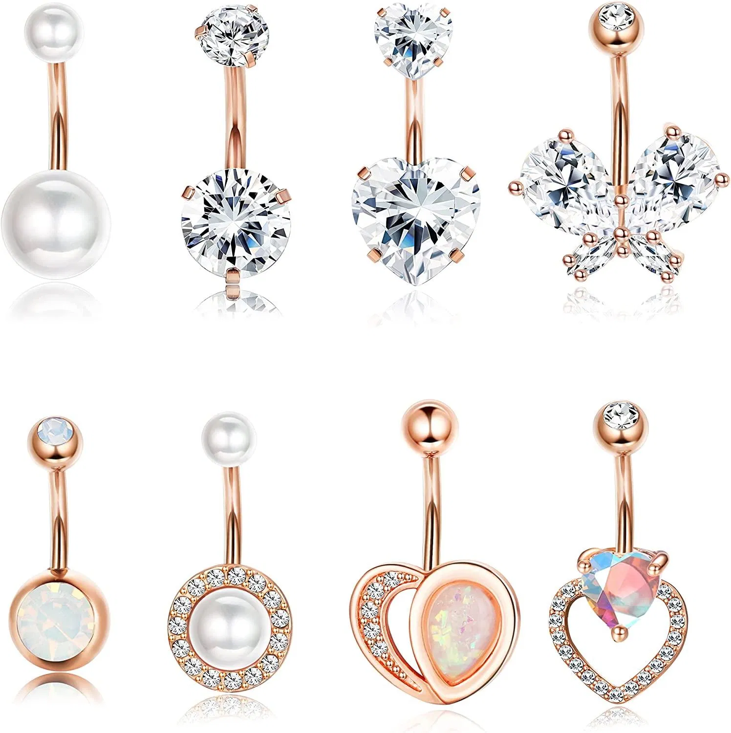 8Pcs Belly Button Ring 316L Stainless Belly Rings CZ Opal Pearl for Women Butterfly Heart Navel Piercing Jewelry14G - Grocery