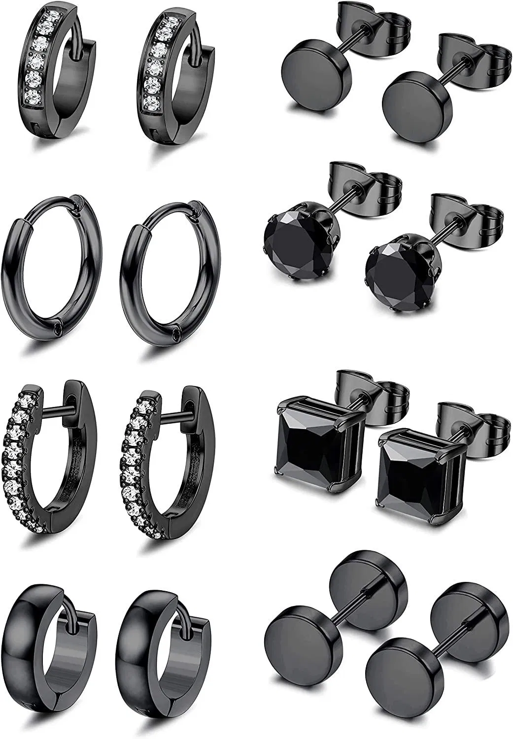 Black Stud Earrings Stainless Steel Sliver Huggie Hoop Earrings Tunnel Earring CZ Stud Earring Sets for Men 8 Pairs - Grocery