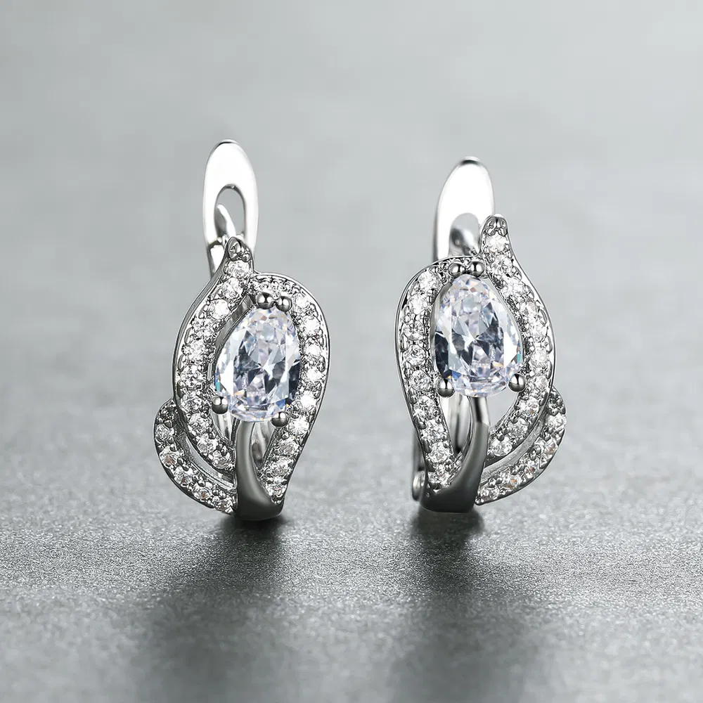 Water Drop Stone Hoop Earrings For Women Luxury Multicolor Zirconia Leaf Crystal Silver Color Wedding Hoop Earrings - Grocery