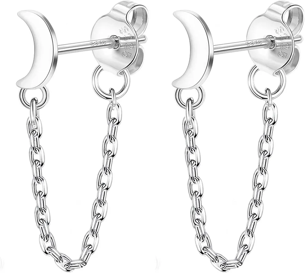 Bar Drop Chain Stud Earrings Butterfly Heart Moon Flower CZ Lightning Chain Earring Threader Dangle Earrings for Women - Grocery