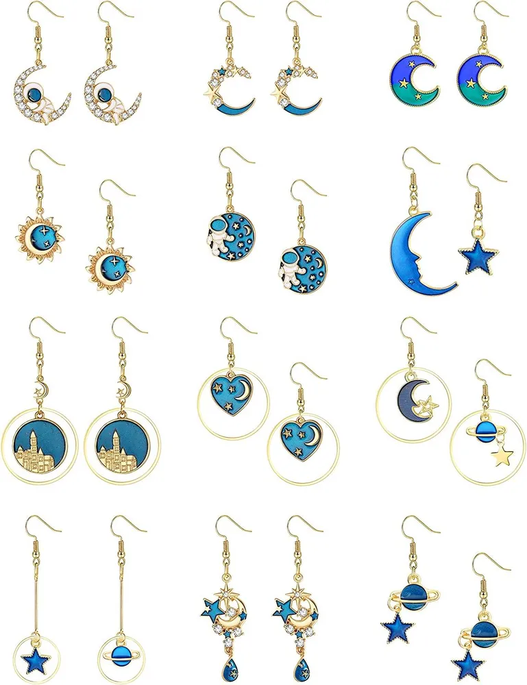 12 Pairs Moon Star Long Dangle Earrings for Women Teens Cute Astronaut Stud Earrings Sun Earth Planet Spaceman Asymmetrical Drop Earrings Set - Grocery