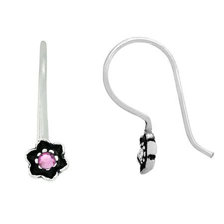 Sterling Silver Pink Rhinestone & Flower Small Drop Earrings - Grocery