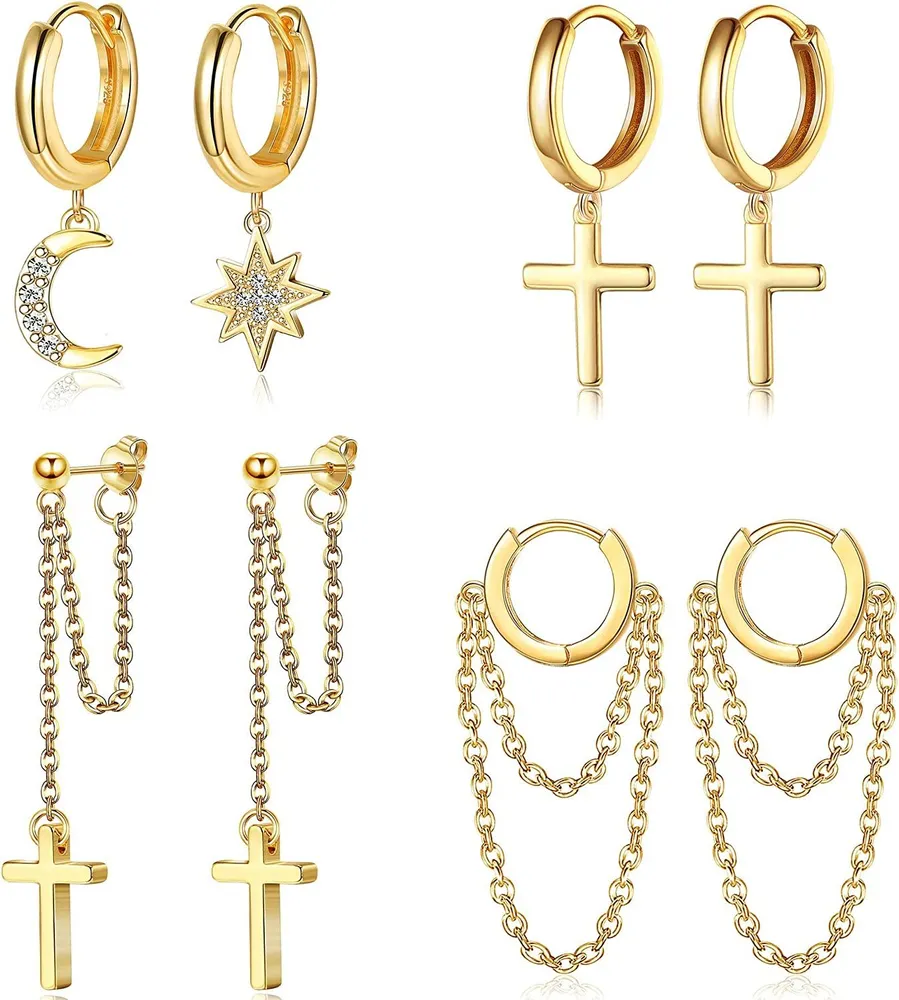4 Pairs Chain Hoop Stud Earrings for Women Moon Star Dangle Earrings Huggie Hoop Cross Earrings Cuff Earrings Cute Simple Set - Grocery