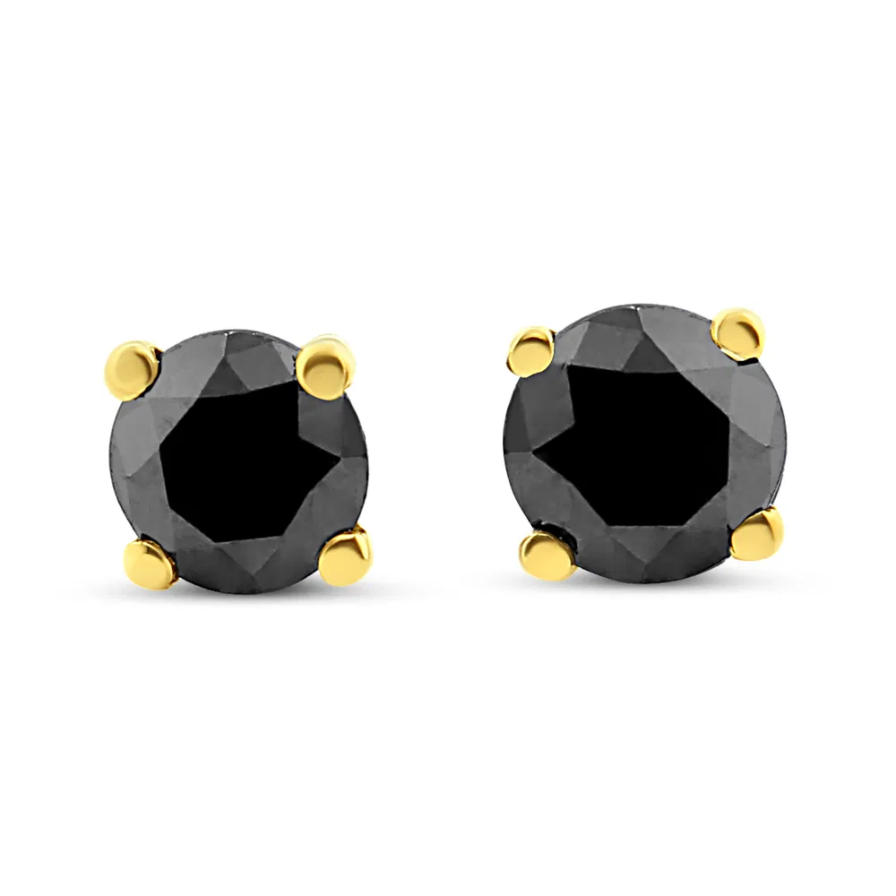14K Yellow Gold 3/4 Cttw Treated Black Diamond Screw-Back 4-Prong Classic Stud Earrings (Black Color, I2-I3 Clarity) - Grocery