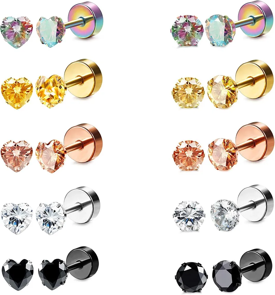 10 Pairs Stainless CZ Stud Earrings for Women Men Tragus Helix Round Heart Cubic Zirconia Flat Back Screw Back 20G Ear Piercing Set 2MM-5MM - Grocery
