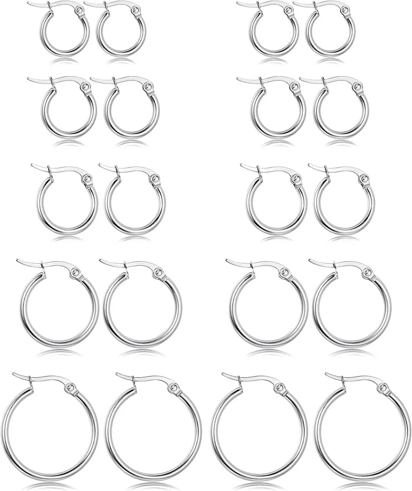 10 Pairs Stainless Small Hoop Earrings Clasp Hoop Rounded Earrings Set for Women Men Nickel Free - Grocery