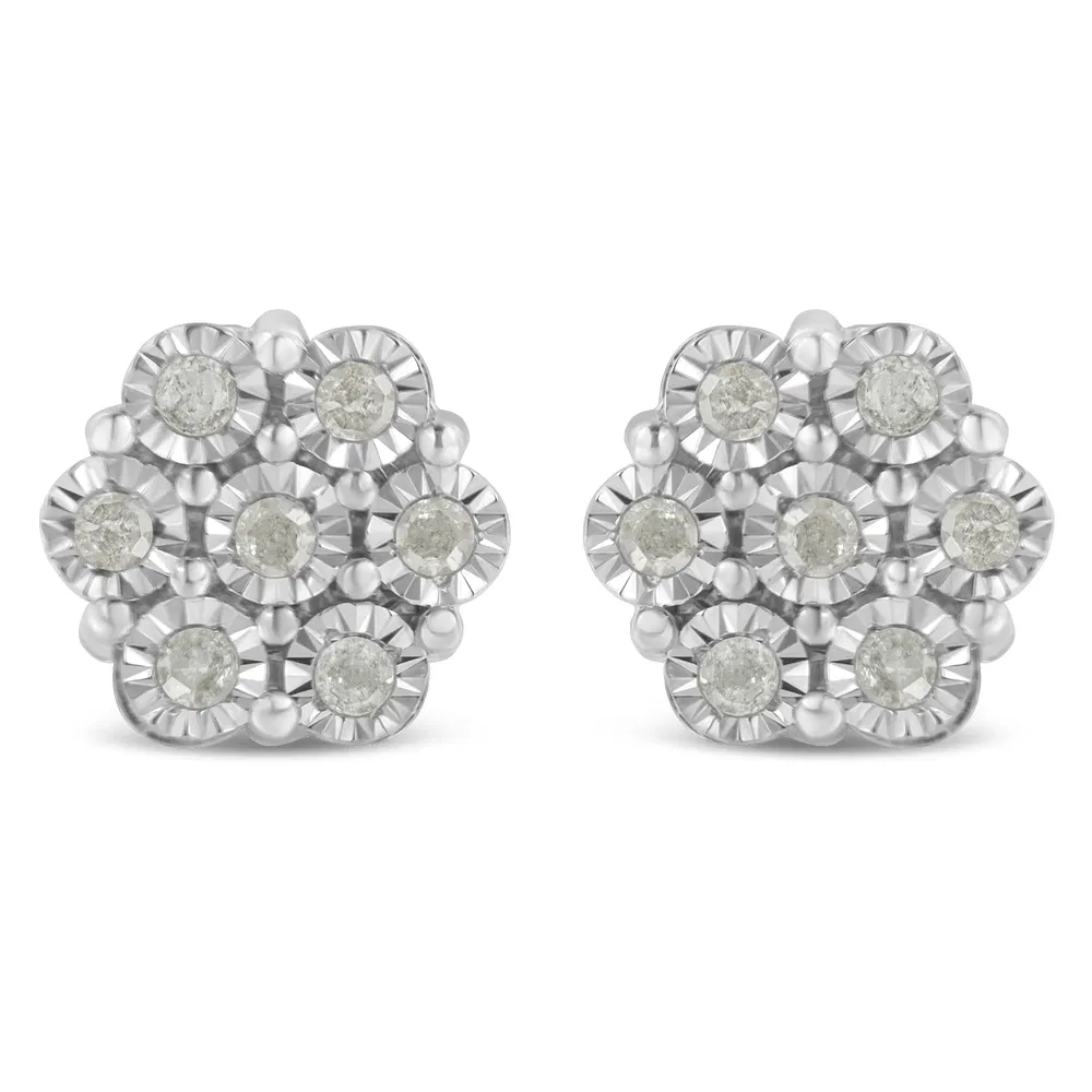 .925 Sterling Silver 1/2 Cttw Round-Cut Diamond Miracle-Set Floral Cluster Button Stud Earrings (I-J Color, I2-I3 Clarity) - Grocery