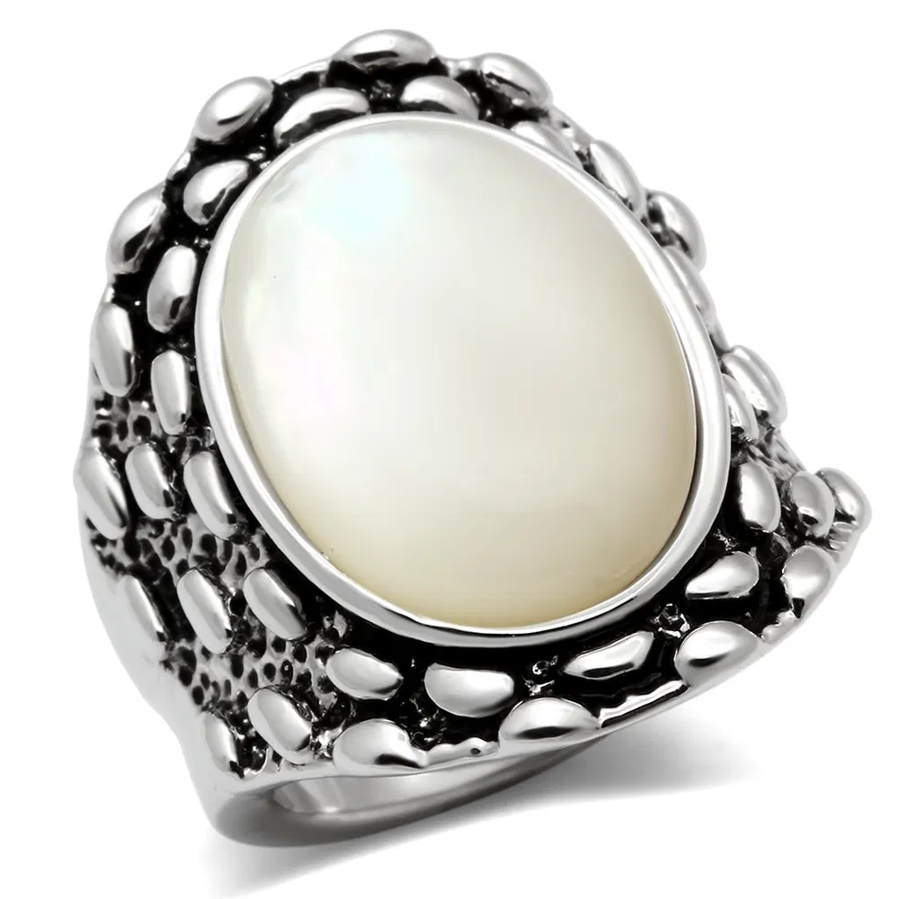 3W186 - Rhodium Brass Ring with Precious Stone Conch in White - Grocery