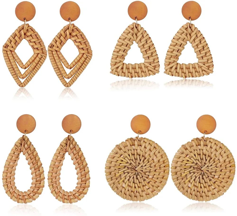 4 Pairs Rattan Dangle Earrings for Women Lightweight Bohemia Straw Wicker Braid Nature Brown Woven Geometric Statement Earring Set Handmade Jewelry - Grocery