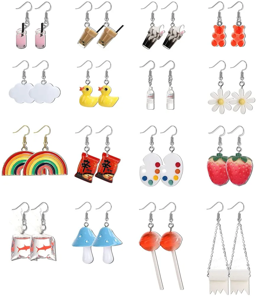 16 Pairs Cute Funny Cool Weird Earrings Water Bottle Milky Tea Mushroom Frog Gummy Bear Lollipop Rainbow Kawaii Earrings Dangle Drop Earrings for Women - Grocery