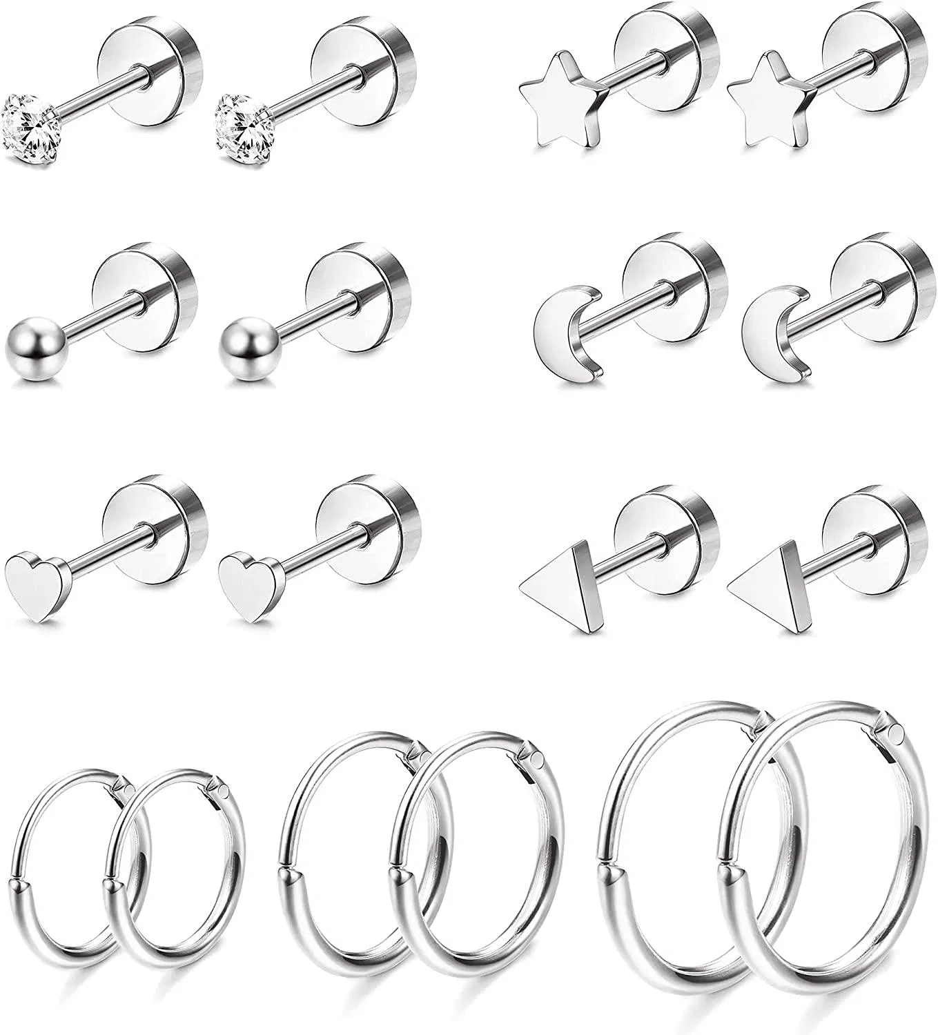 9 Pairs Tiny Cartilage Earrings Studs Hoops for Women Stainless CZ Moon Star Balls Tragus Helix Endless Hoop Piercing Flatback Earring Set - Grocery