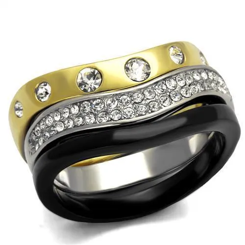 TK2299 - IP Gold+ IP Black (Ion Plating) Stainless Steel Ring with Top Grade Crystal in Clear - Grocery