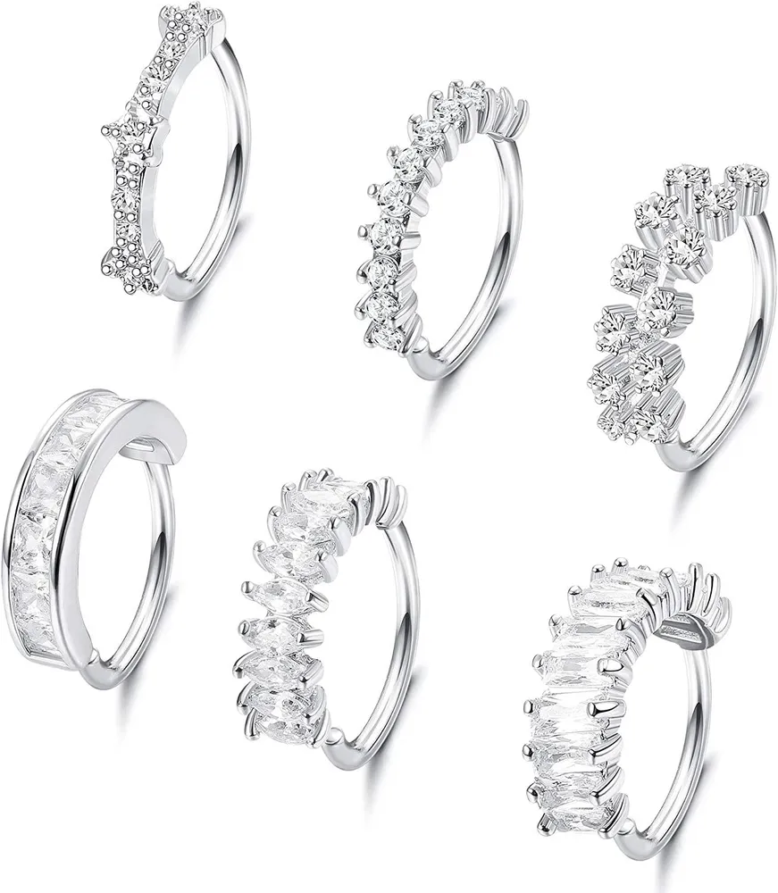 6PCS Stainless Nose Hoop Rings Paved CZ Crawler Hoop Earrings Leaf Flowers Lip Helix Cartilage Earring Nose Ring Piercing for Women - Grocery
