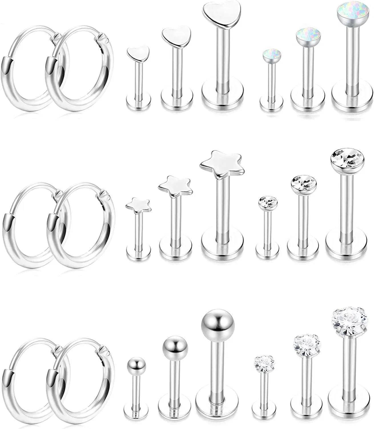 24 Pcs Stainless 16g Tragus Cartilage Piercing Earrings for Women Medusa Helix Lip Monroe Labret Piercing Jewelry - Grocery