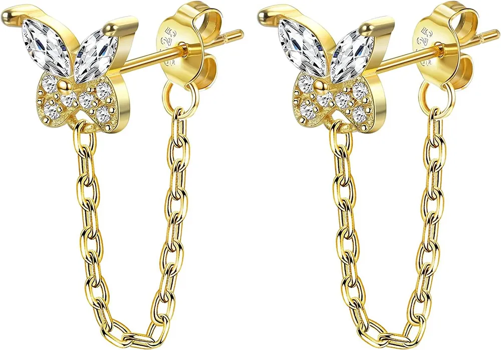 925 Sterling Silver Chain Earrings Butterfly Stud Earrings with Chain Cubic Zirconia Minimalist Threader Dangle Earrings for Women Men - Grocery