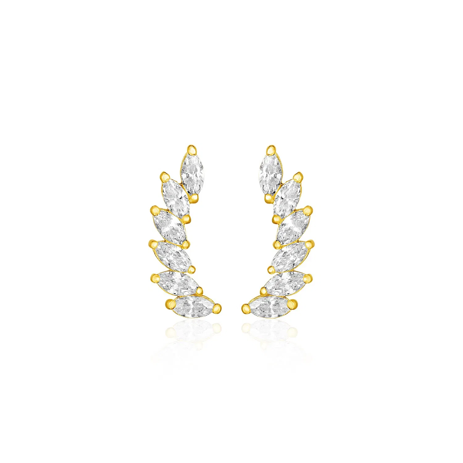 14k Yellow Gold Leaf Motif Climber Post Earrings with Marquise Cubic Zirconias - Grocery