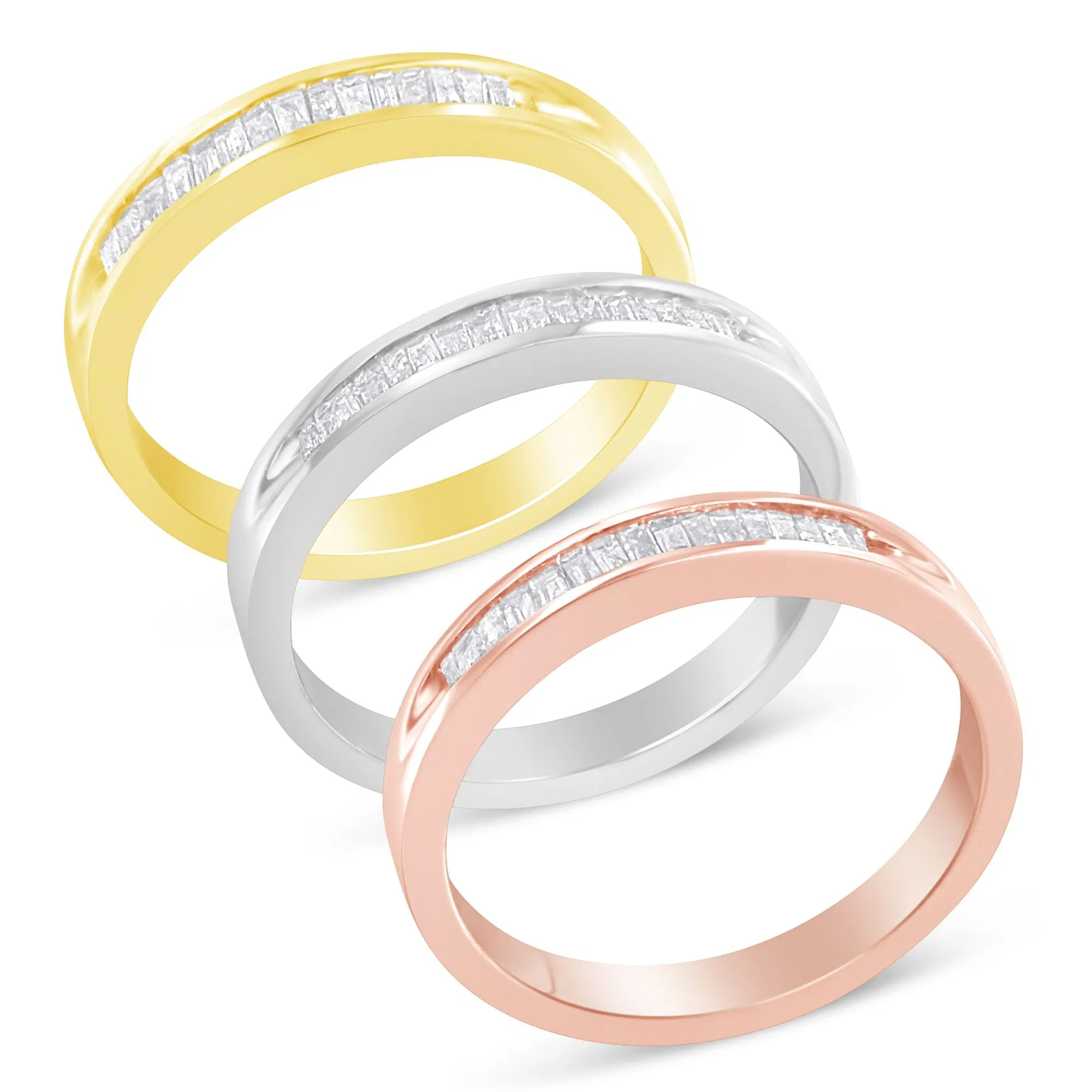 10K Yellow, White and Rose Gold over .925 Sterling Silver 5/8 Cttw Diamond Channel-Set Stackable Band Ring Set (H-I Color, I1-I2 Clarity) - Grocery