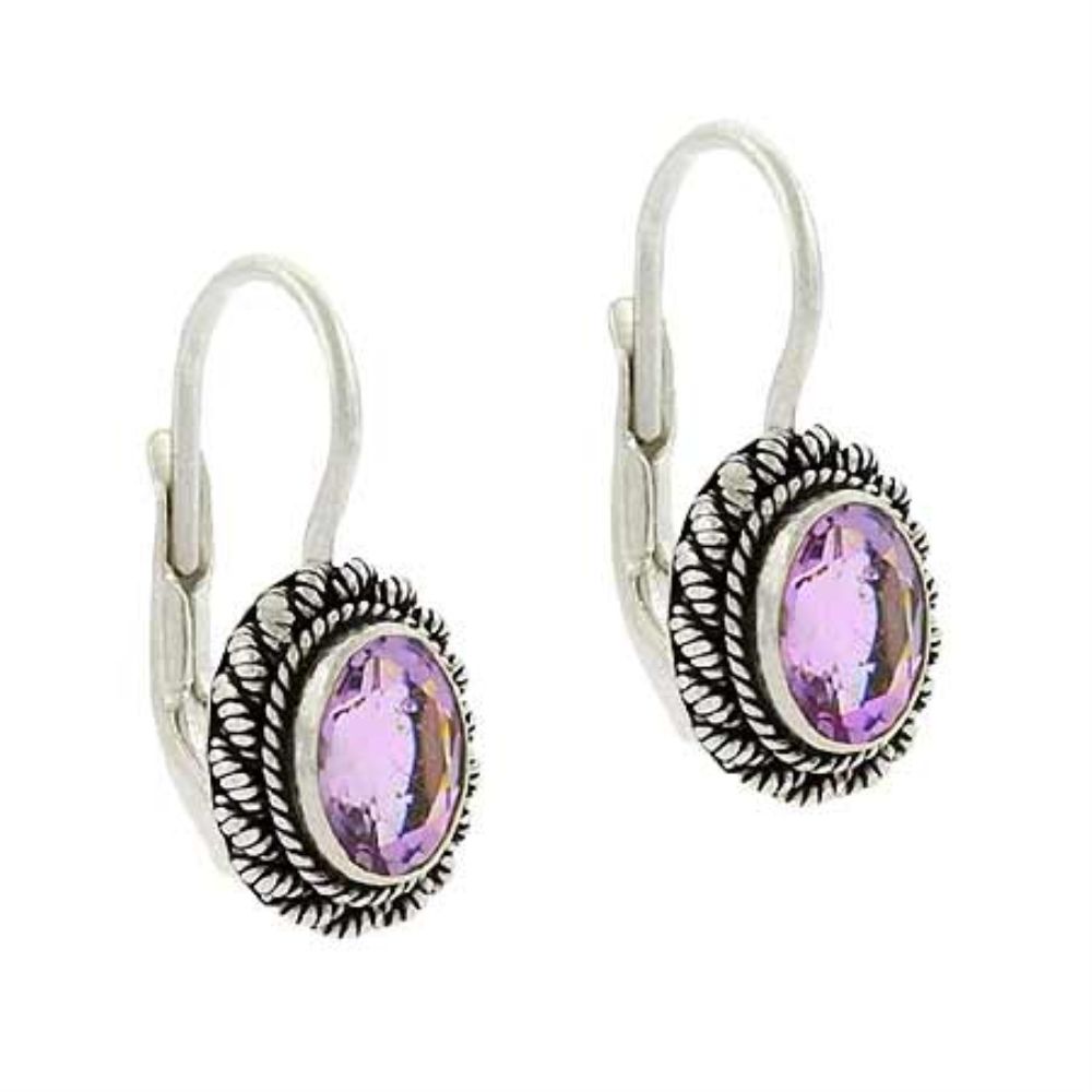 Sterling Silver .925 Genuine Amethyst Stone Oval Twist Border Dangle LeverBack Lever Back Earrings - Grocery