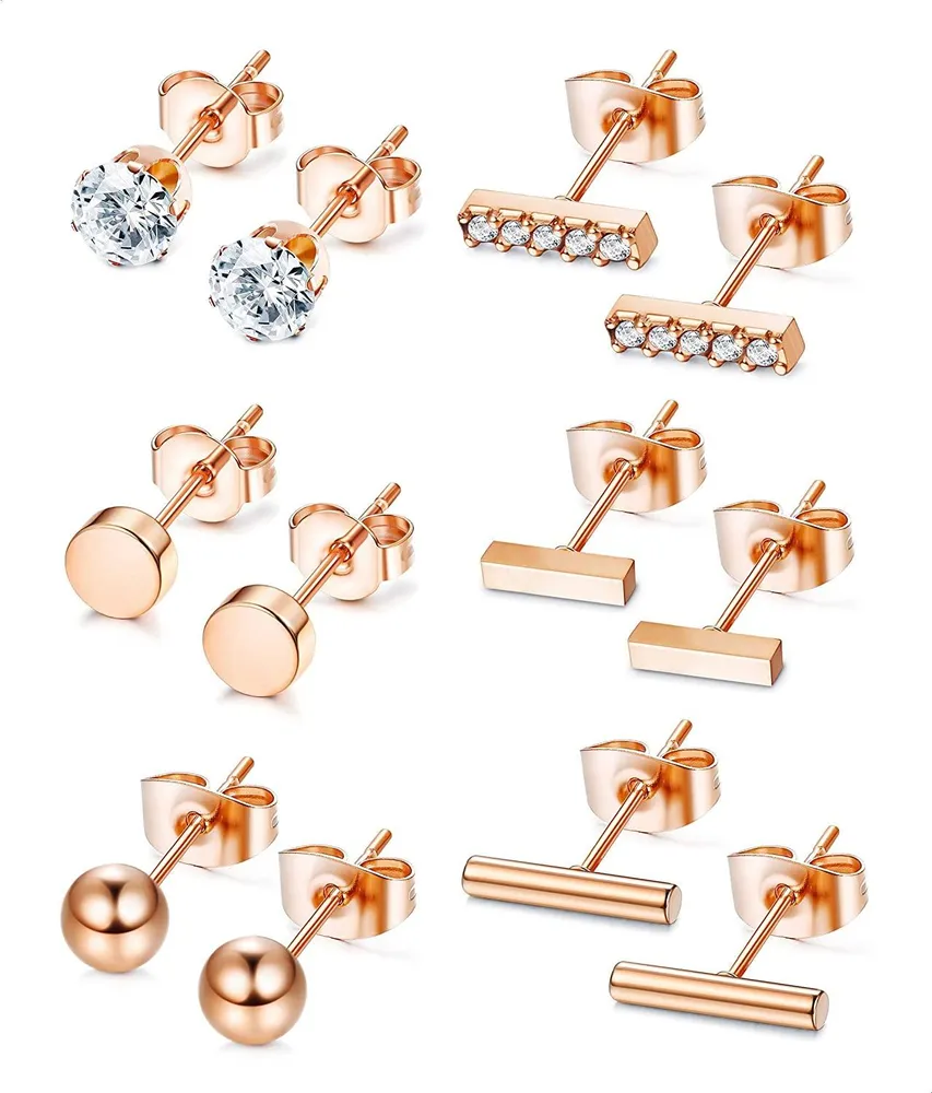 6 Pairs Stud Earrings for Women Stainless Disc Ball CZ Bar Earrings Sets - Grocery