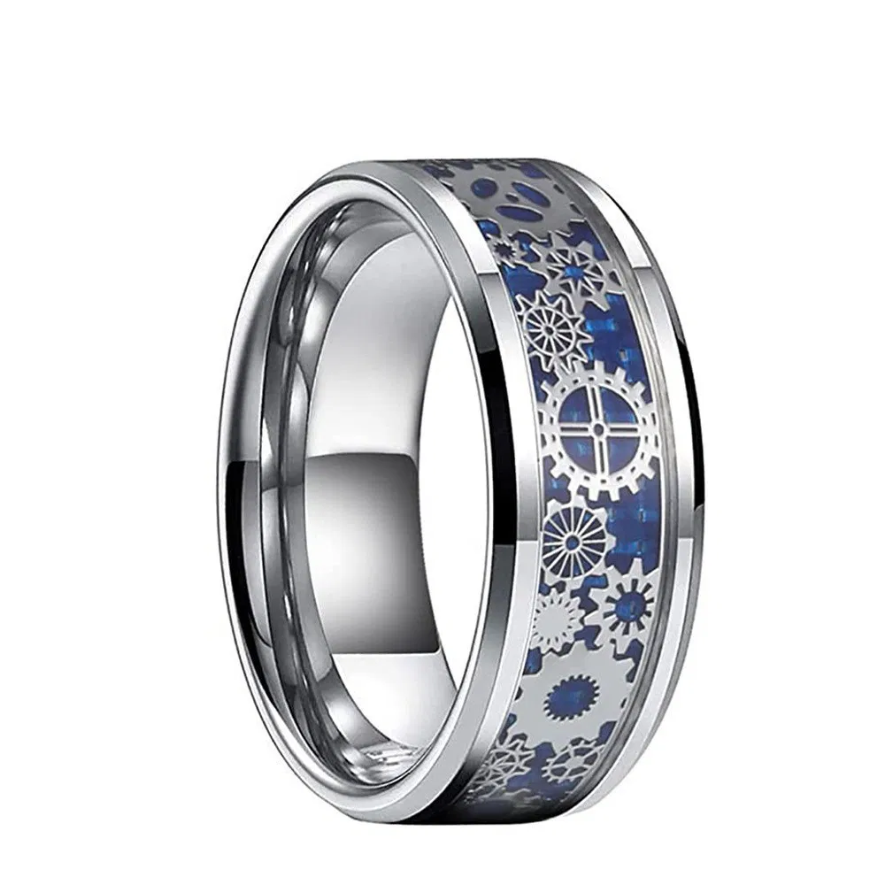 European And American Popular Avant-garde Men's 8mm Wide Inlaid Blue Carbon Fiber Gear Tungsten Ring - Grocery