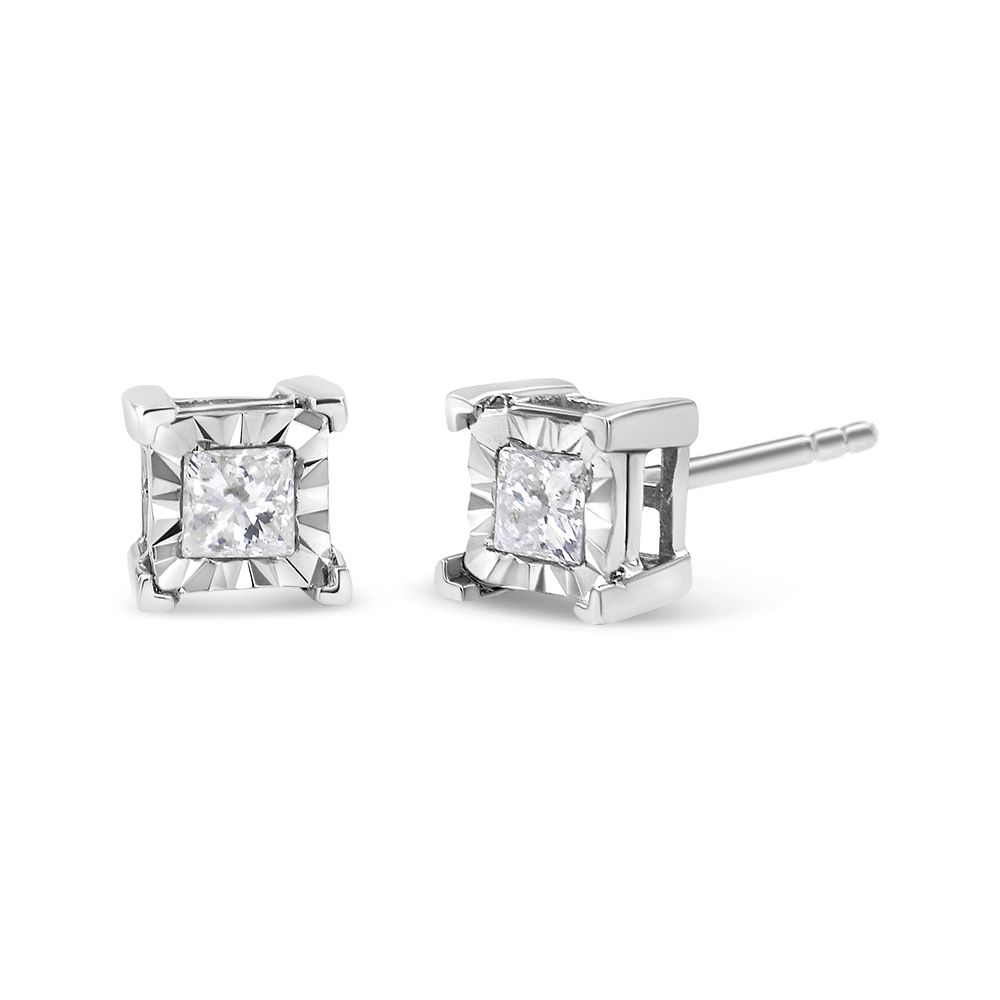 .925 Sterling Silver Miracle Set Princess-Cut Diamond Solitaire Stud Earrings (I-J Color, SI1-SI2 Clarity) - Grocery
