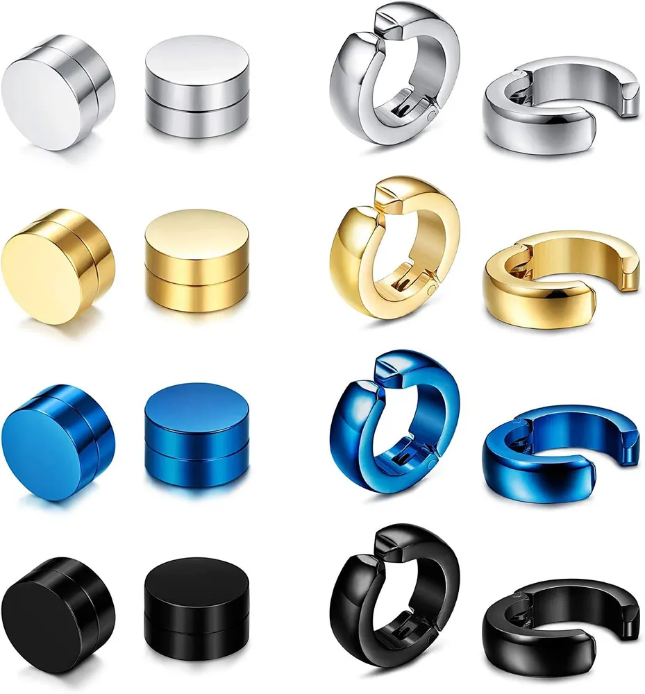 8 Pairs Stainless Magnetic Stud Earrings for Men Women CZ Fake Gauges Clip On Earrings Non Pierced Hoop Earring Set 4 Colors 2 Styles 8mm - Grocery