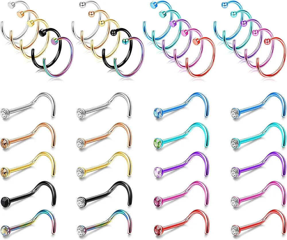 40Pcs Nose Rings Stud Stainless Nose Rings Hoop Screw Shaped Nose Piercing for Women Men 18G 20G - Grocery