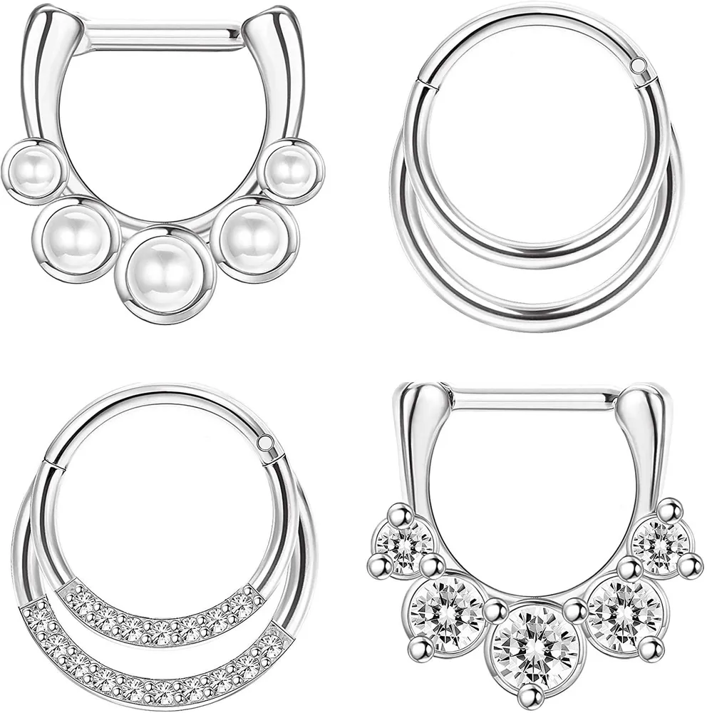 4PCS 16G Clicker Septum Rings Hoop Cartilage Earrings Stainless Steel CZ Helix Daith Tragus Earring Hinged Nose Piercing Jewelry for Women Men - Grocery
