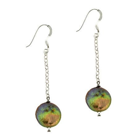 Sterling Silver Golden-Green Freshwater Cultured Coin Pearl Drop Earrings - Grocery