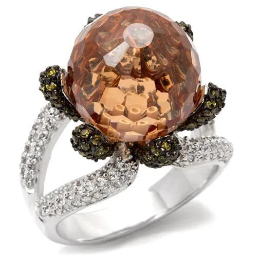 0W021 - Rhodium + Ruthenium Brass Ring with AAA Grade CZ in Champagne - Grocery